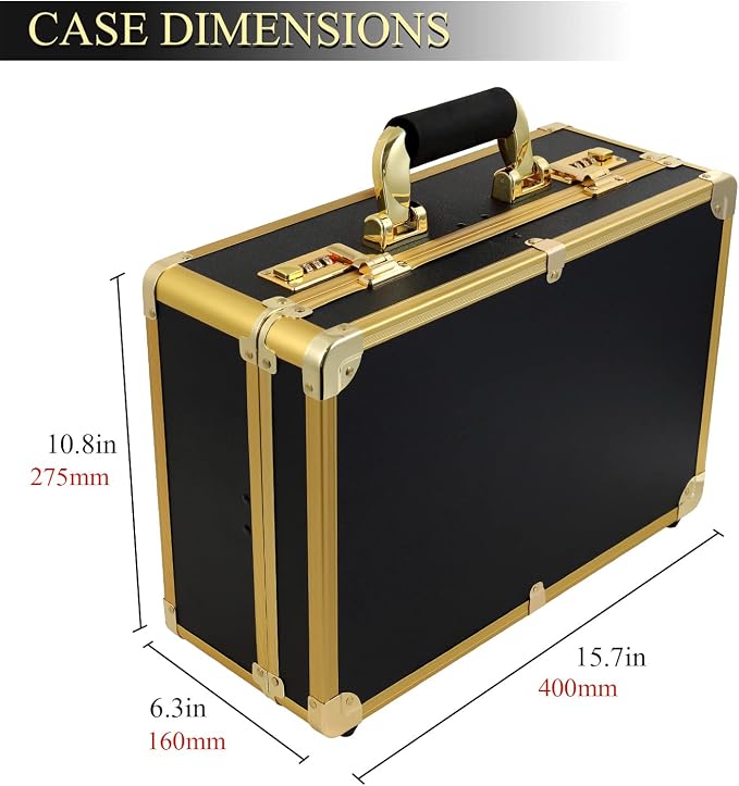 Barber Case Clipper Bag Gold, Hair Kit Tool Box Aluminum Organizer with Portable Handle and Secure Numlock for Scissors, Clippers, Barber Supplies 15.7" x 12" x 6.1"