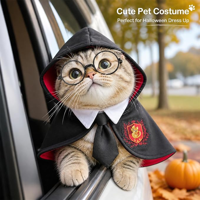 Dog Cat Halloween Costumes,3PCS Pet Dog Wizard Cape,Glasses & Necktie | Halloween Puppy Outfit for Small Medium Dogs Cats Set,Pet Academy Magician Cosplay Costume