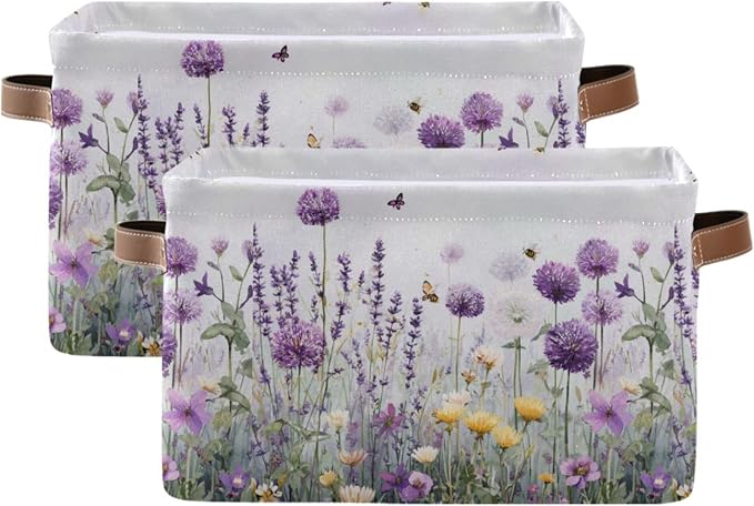 Lavender Fabric Storage Bin, Foldable Organizer Bag for Baby Cloth, Dog Toy, Book Storage Cubes, Shelf Closet Basket - 16x12x8
