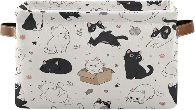 Kigai Storage Basket, Fabric Collapsible Closet Organizer Bin | Cute Cats Waterproof Foldable Canvas Basket with Handles for Shelves, Nursery, Closet, Bedroom & Bathroom