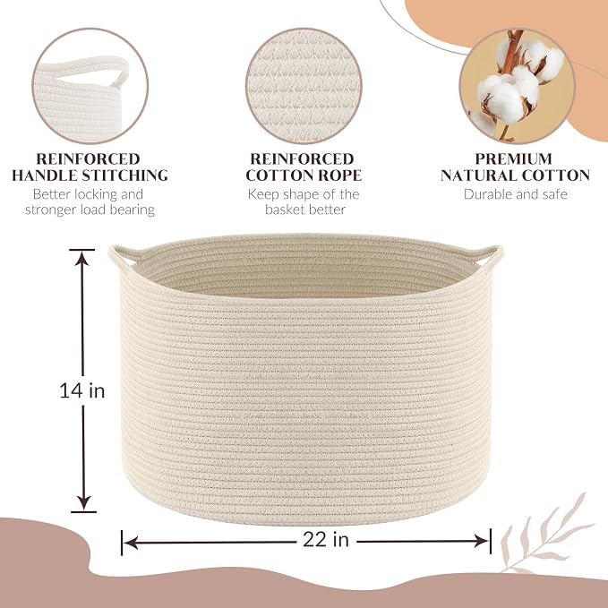 Maliton Woven Rope Blanket Basket Living Room, Storage Basket for Toy, 90L | 22"x14" Cotton Rope Basket. Holds Blankets, Toys & Towels & Laundry. For Bedroom, Nursery, Bath & Playroom. Soft & Durable