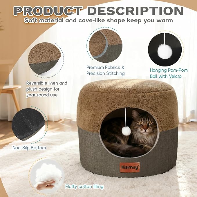2-in-1 Cat Bed Cave, Cozy Covered Cat Beds for Indoor Cats,Pet Bed | 19.7"D x 15"H, Cave To Bed In Seconds, Pet Hideaway for Kittens & Small Dogs, Hanging Cat Toys, Machine Washable Puppy Bed