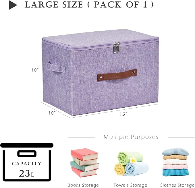 Storage Bins with Zipper Lids Decorative Lidded Baskets Boxes | Clothes Container, Closet Shelf Organizer, Foldable Washable, Cotton Linen Fabric, w/ PU Leather Handles, Purple, Large