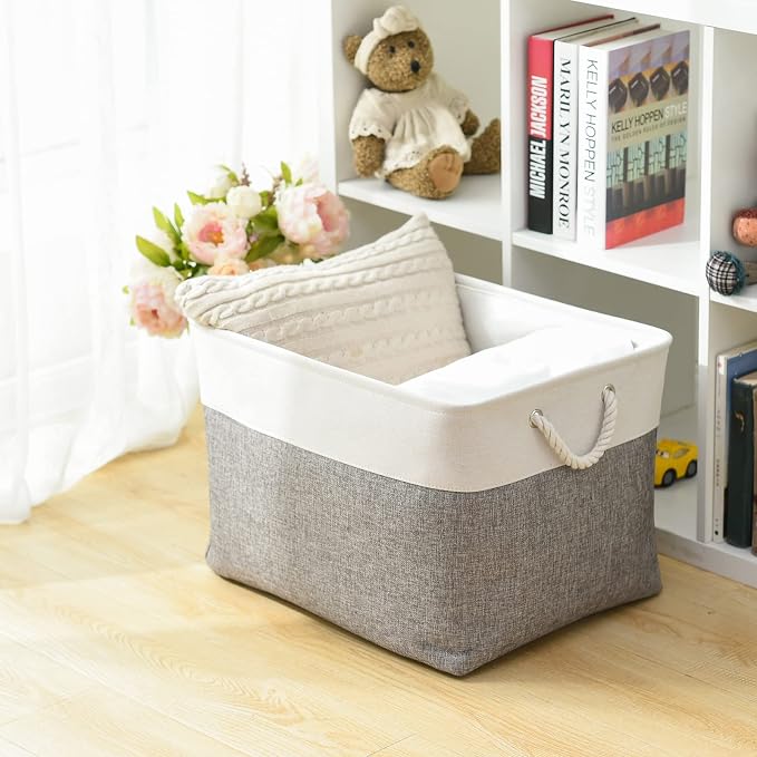 Storage Bins Baskets for Organizing, 20.5L×15.7W×13.8H 3 Pack Sturdy Fabric Storage Basket W/Handles, Decorative Foldable Storage Baskets for Shelves Closet Nursery Toy (White & Grey)