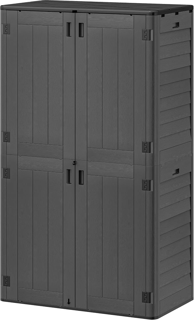 YITAHOME 60 cuft Vertical Outdoor Storage Shed with Shelf, Large Waterproof Storage Cabinet for Garden Shed, Tall Outdoor Storage Shed for Garage, Pool Storage, Resin, Lockable, Dark Gray