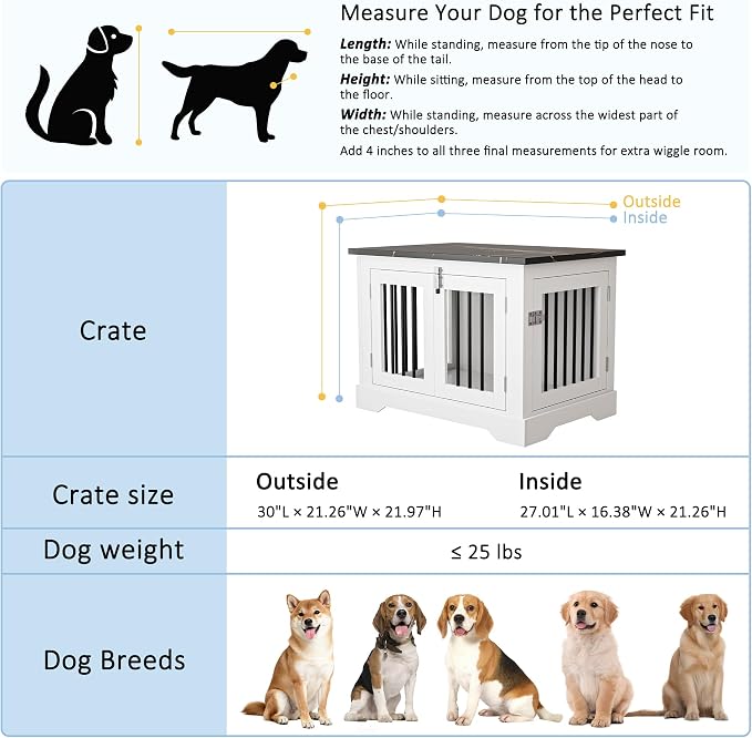 30" Wooden Dog Crate Furniture,Small Kennel Pet Cage End Table for Indoor | for Medium S XS Dogs, White and Black, Fits Living Room Bedroom, Heavy Duty Steel Frame with Lock 25 lbs Cap, 100 lbs Top.
