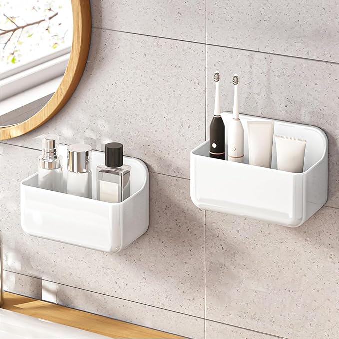 CGBE 2-Pack Cabinet Door Organizer, Self Adhesive Bathroom Shelves, White | Acrylic Shower Caddy, Wall Mounted Storage, No Drilling, Automatic Draining, For Cabinet Door and Shower Wall