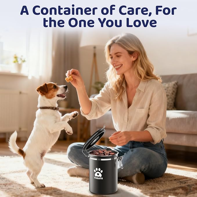 ENONCI Airtight Dog Treat Canister, 304 Stainless Steel Food Storage Jar with Date Dial Black-1.5L