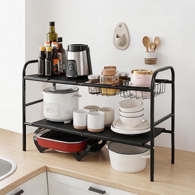 Expandable 2 Tier Under Sink Organizer, Black, 28.74-34.5 Inch Width | For Kitchen and Bathroom, 2 Storage Baskets, 6 Removable Panels, Adjustable Height Metal Shelf, Fits Pipes