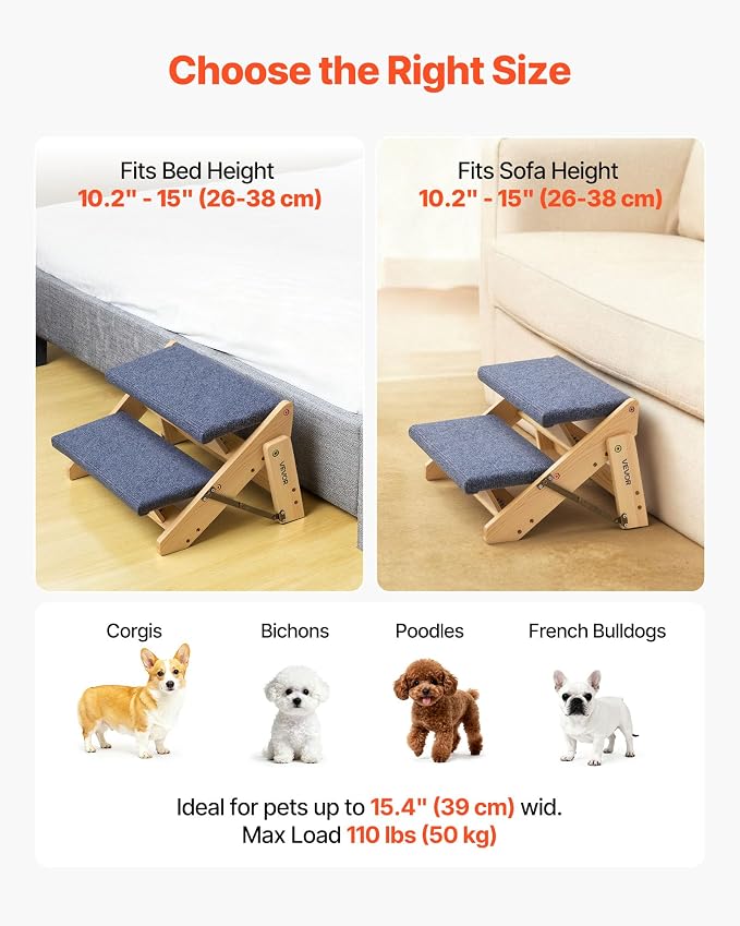 VEVOR Wood Pet Stairs, 2-Step Dog Stairs for Beds, Sofa & Cars, 110lbs Load Capacity, Floded Flat Design, Stable & Sturdy Cat & Dog Step Ladder for Small Medium Large Older Pet Puppy Essentials