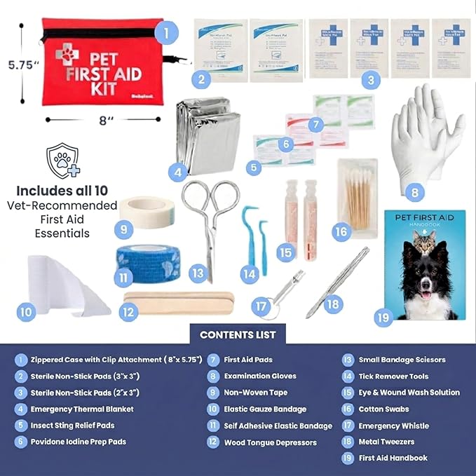 Dog First Aid Kit - Vet Approved Emergency Supplies - Pet First Aid Kit Guide, Tick Remover, Slip Leash & Medical Essentials for Home, Camping, Car, RV, Travel (Travel + Essential 2-Pack)
