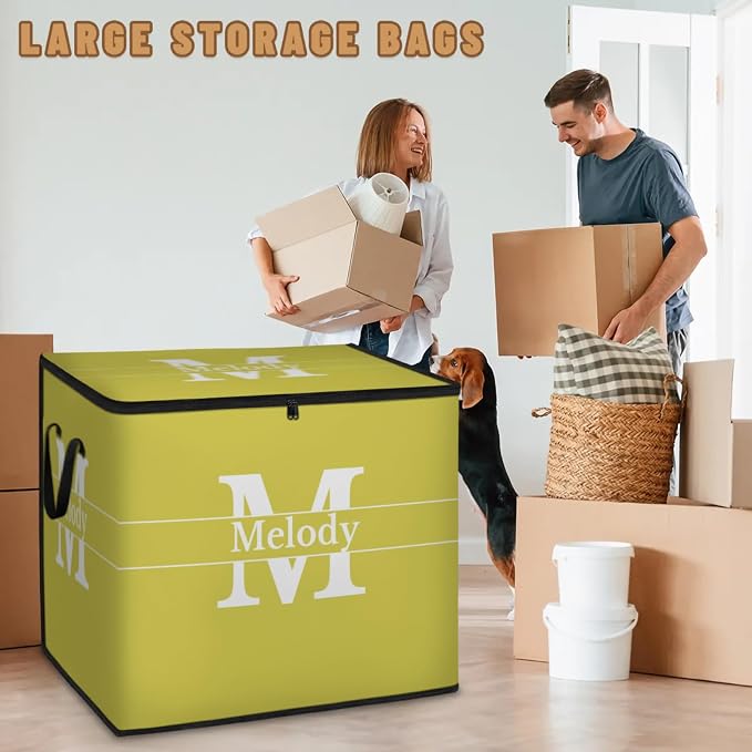 Custom Storage Baskets Cubes for Home with Name, Initial Letter Large Foldable Organizer Collapsible Storage Bins for Home Blanket Comforters Clothes Closet Nursery, Lemon Yellow