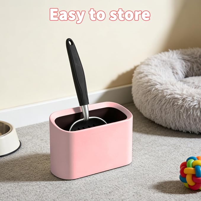 Metal Cat Litter Scoop with Holder, Lidded Caddy Set, Pink | Sifting Slots, Curved Grip, Rinse-Clean Holder, 12 x 4 x 1.5 in Aluminum Scoop, 8 x 2.9 x 5.9 in Lidded Caddy