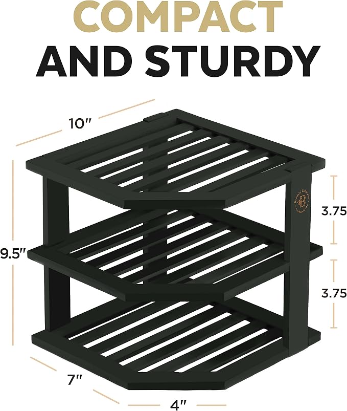 Black Plate Organizer for Cabinet - 3 Tier Bamboo Corner Cabinet Organizer Shelf for Plates Bowls Mugs Cups, Kitchen Cabinet Organizer, Cabinet Shelf Organizer, Countertop Rack, 10 x 10 x 9.5 Inch