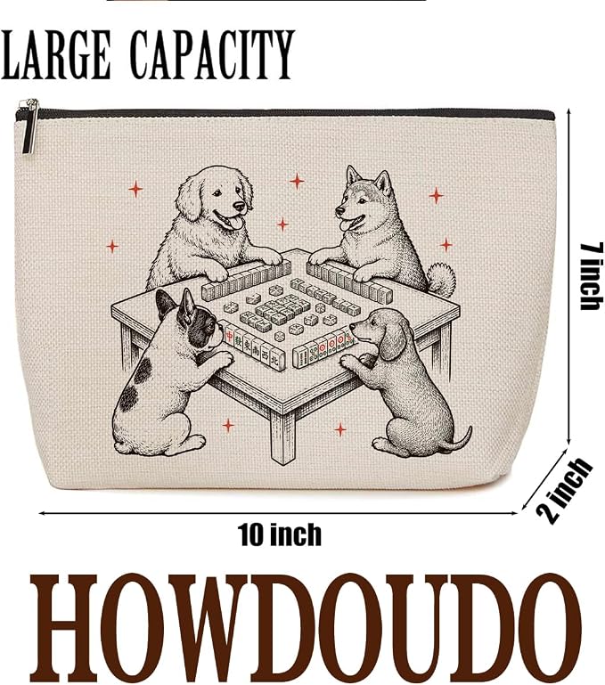 Dogs Playing Mahjong Makeup Bag Gift for Dog Lovers Funny Cosmetic Bag | Funny Durable Travel Organizer Pouch for Women, Outdoor Portable Toiletry Bag, Mah Jong player Present