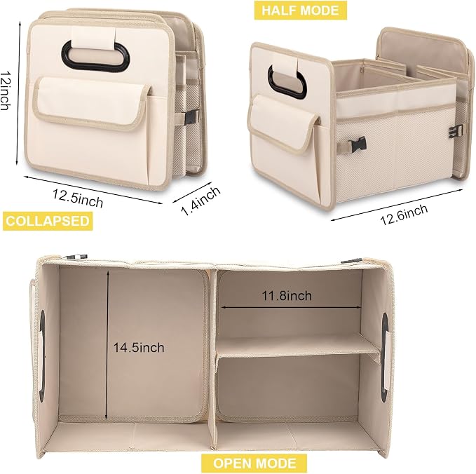 Car Trunk Organizer, Collapsible Car Organizers and Storage Large Beige | Sturdy, Strong Capacity, Clean Decor, Multi Compartment Container Box, Adjustable Car Accessories for SUV Sedan Truck