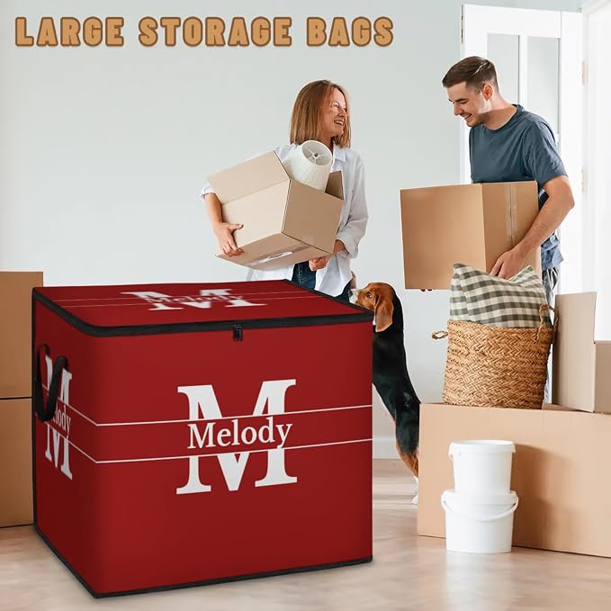 Personalized Extra Large Storage Basket with Lid, Comforters, Initial Letter Bedding Toys Red Color Storage Bin with Handles for Home, Collapsible Basket for Clothes, Moving, Car Trunk