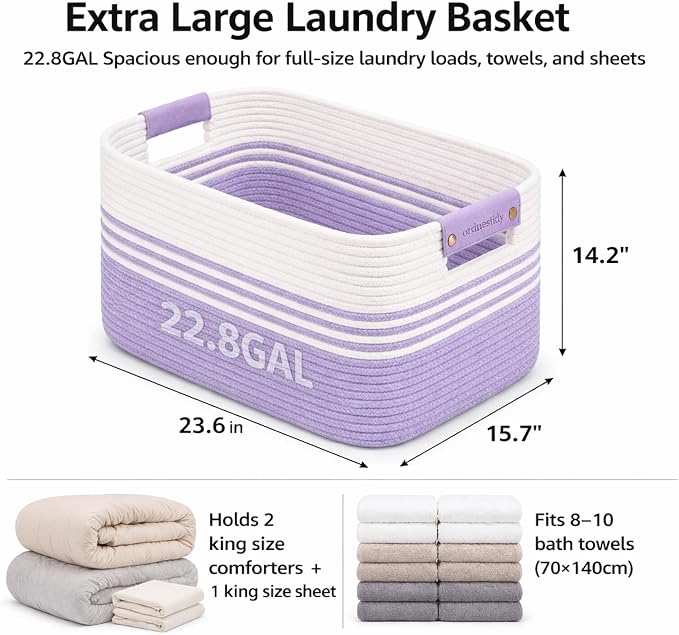 22.8GAL Xl Extra Large Laundry Basket for Bathroom, Dorm Dirty Clothes, Sturdy Portable Aesthetic Boho Cute Woven Storage Shoes Blanket Baskets for Living Room Decor Girls Boys Pets Toys White Purple
