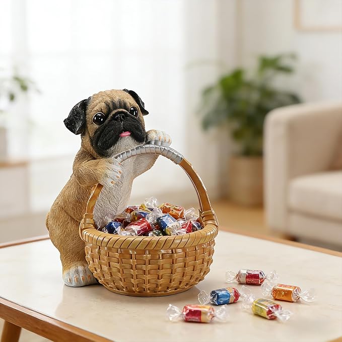 Cute Pug Candy Bowl, Resin Dog Figurine Key Bowl for Entryway Table, Desktop Storage Basket Organizer for Desk, Unique Pug Lover Gift