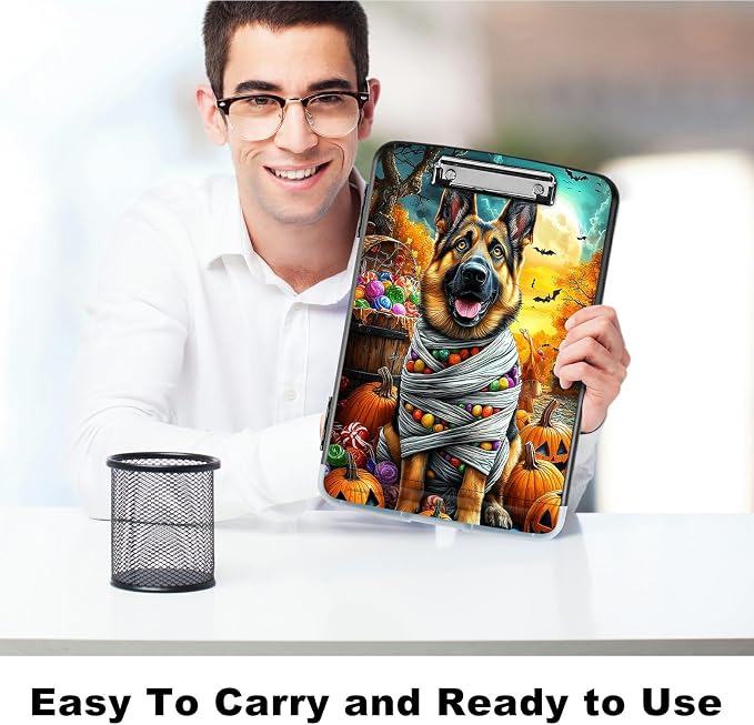 A4 Clipboard with Storage Pen Holder, Clipboards Organizer Nursing Clipboard Foldable File Folder Plastic Clipboard Folio Clip Board for Office Work Classroom Doctor, Pumpkin Puppy
