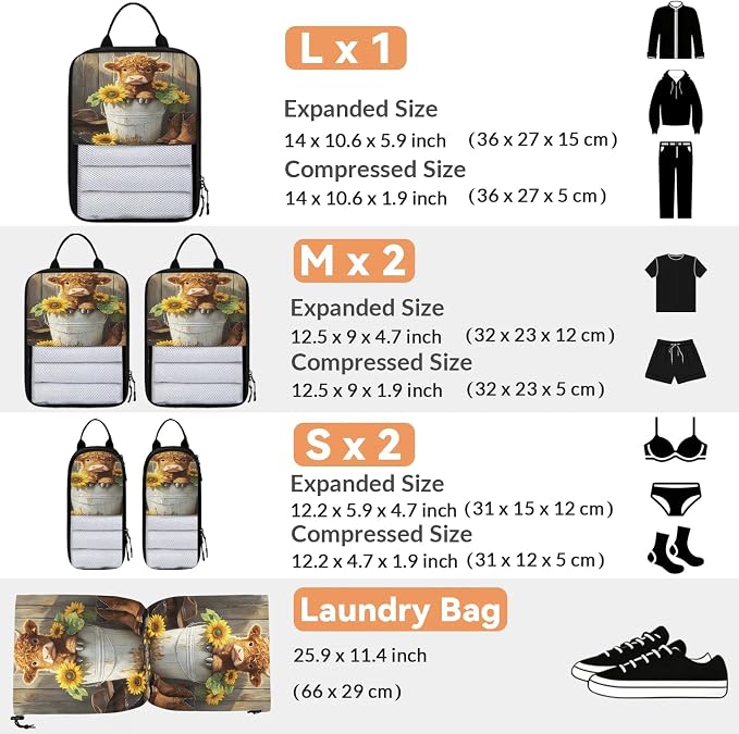 Highland Cow 6 Set Compression Packing Cubes Floral Sunflower Expandable Packing Organizer for Travel Accessories Luggage Suitcase Bag