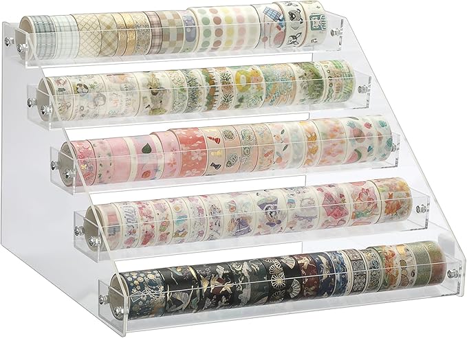 BTSKY 5 Tier Washi Tape Organizer - Clear Plastic Washi Tape Storage Rack, Assembly Washi Tape Storage Holder Washi Tape Dispenser Desk Accessories Display Caddy for Scrapbooking Art Craft Supplies