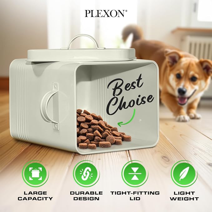 Plexon Metal Dog Food Storage Container with Scoop - Small Dog Food Container Holder Treat Jar Bin with Lid - Pet Chow Storage Canister Tin, 1.5 Gallon, 7 lbs, Off-White