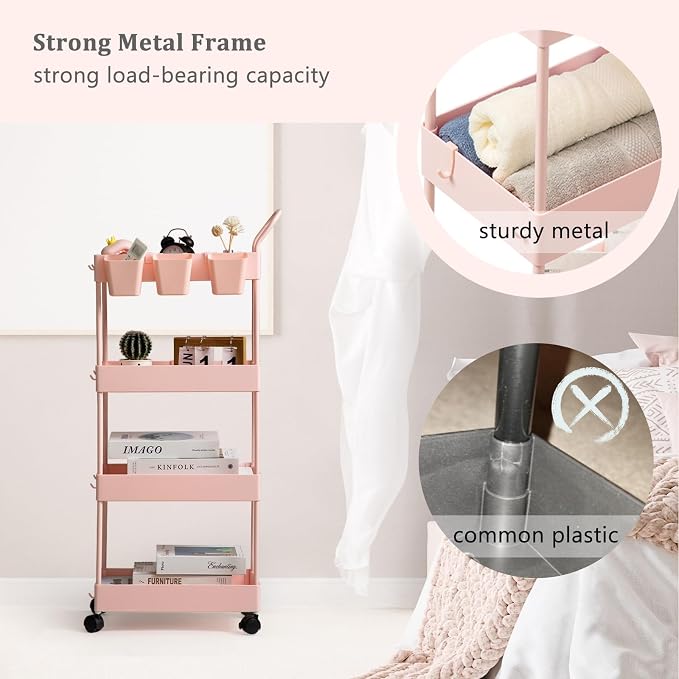Danpinera 4-Tier Pink Slim Storage Cart, Narrow Laundry Cart with Wheels, Dividers, Hanging Cups, Hooks, Easy Assembly