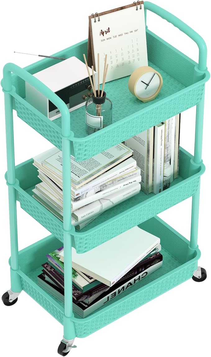 MOYIPIN 3-Tier Plastic Rolling Utility Cart with Handle,Turquoise | Utility Storage Cart for Office, Living Room, Kitchen,Movable Storage Organizer，Easy installation，Rattan-like art design