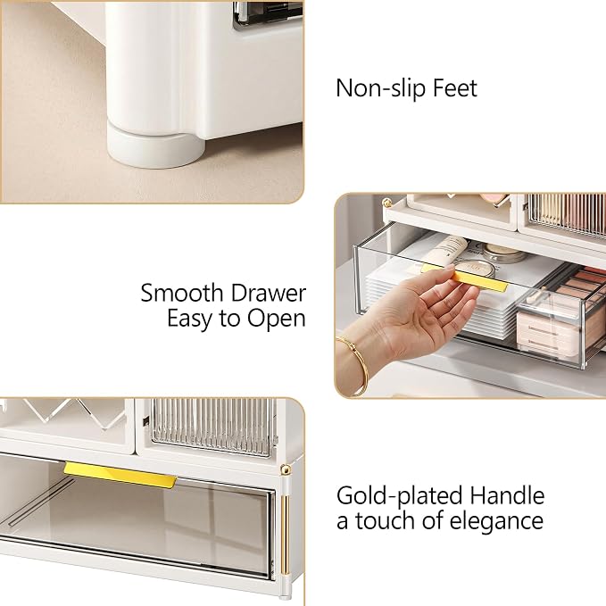 FOLLOWIN Compact Makeup Organizer Set, Makeup Brush Organizer | Lipstick Holder with Grid, Flip Drawer, 2 Ways to Arrange, Milk White Bathroom Counter Organizer, Store Lipsticks, Brushes