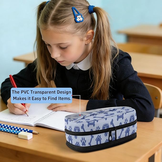 Pet Pawprints Blue print Large Capacity Pencil Case with Zipper Water Resistant Portable Organizer Pen Bag for School Students Office