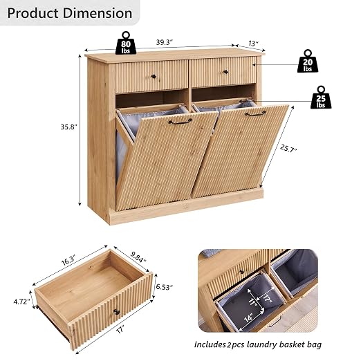 IFGET Double Tilt-Out Trash Cabinet, Laundry Hamper Cabinet, Natural Oak
