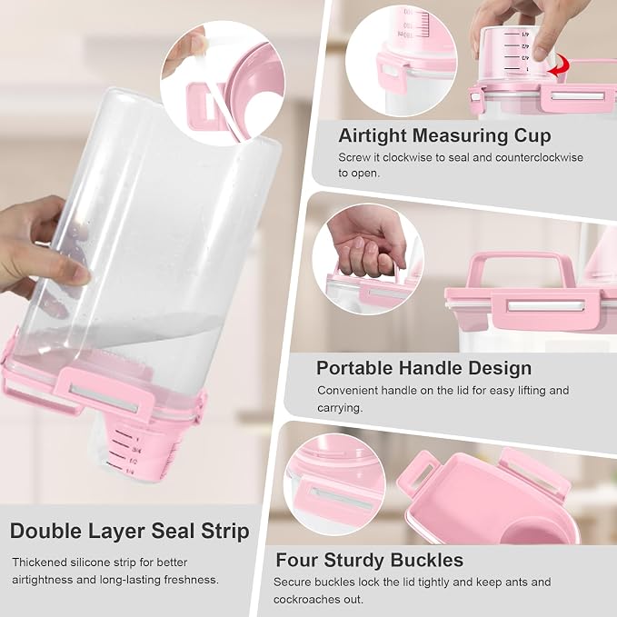 Dog Cat Food Storage Container with Cup (Pink, 2.5L) | Pet Food Pourable Container Airtight with Large Spout, BPA-Free Plastic Food Dispenser for Pet Food, Bird Seed, Rice, Flour