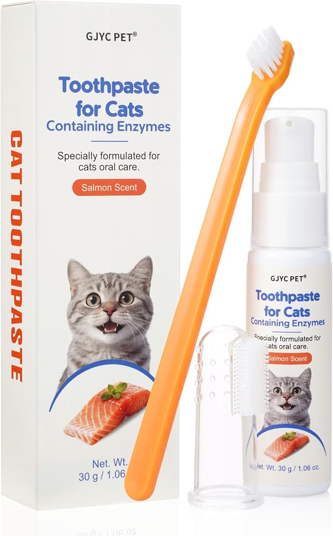 Cat Toothbrush and Toothpaste Kit - Salmon Flavor Enzymatic Cat Toothpaste for Plaque & Tartar Control - Includes a Long Handle Brush & a Soft Silicone Finger Brush for Felines, 1.06 oz