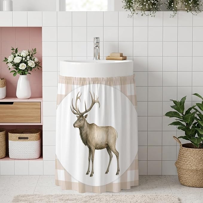 Majestic Buck Oven Skirt Curtain for Kitchen Decor 28"x35", Modern Natural Buck Rustic Farmhouse Plaid Self Adhesive Stove Curtains Skirt Cabinet Curtains for Bathroom Laundry Room