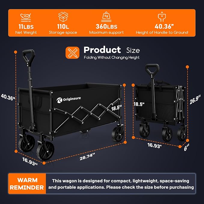 Originsure 110L Portable Collapsible Wagon Cart, 360lbs Heavy Duty, Black | All-Terrain Wheels,Solid Steel Frame,Adjustable Handle,Compact&Space-Saving,Utility for Camping,Sports,Grocery,Garden