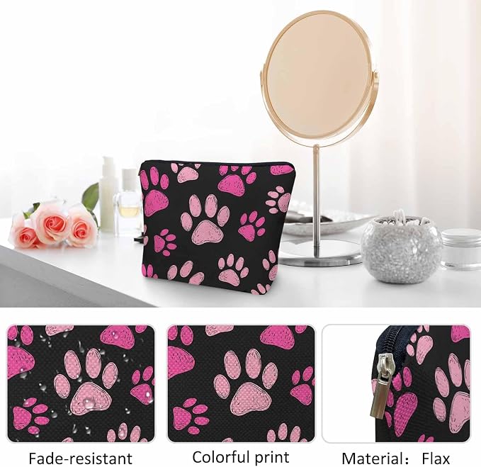 Women Cosmetic Bag Dog Paw, Pet Cat Paws Dog Prints Footprint Cute Makeup Bag For Purse Cosmetic Travel Bag For Toiletries Makeup Storage Bag Flax Skincare Bag Make Up Pouch Bags, Pink Black