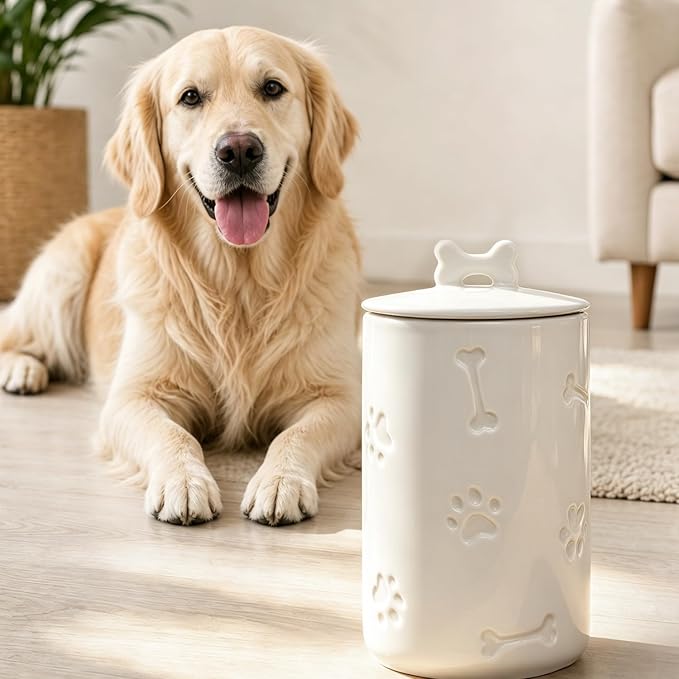 Dog Treat Container Airtight - 9"x5" Ceramic Big Treats Jar with Lid(White) | Large Capacity Doggie Cookie Jar for Countertop, Airtight Lid Keep Food Fresh, Sturdy Durable, Cute Prints and Bone Handle