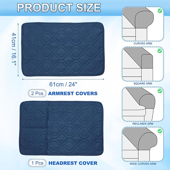 uxcell 3Pcs Sofa Armrest Covers, Armchair Covers with Side Storage Pocket Waterproof Recliner Chair Protector Anti-Slip Couch Arm Headrest Protect for Home Living Room, Dark Blue