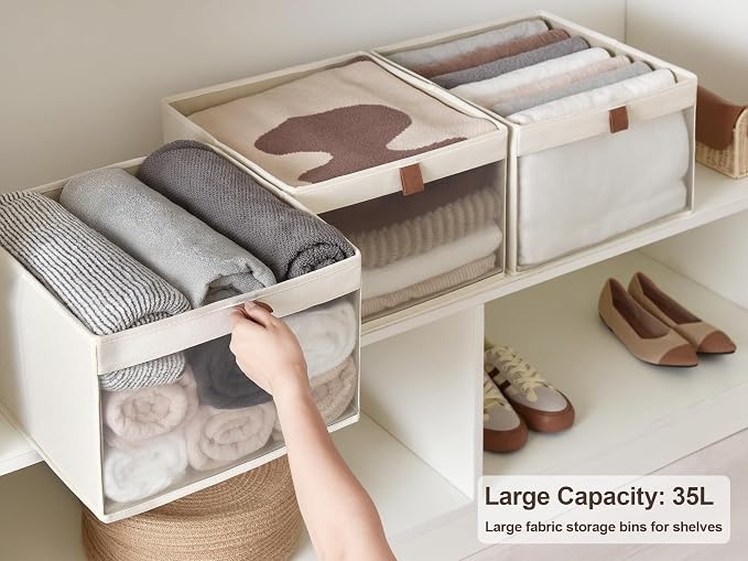 StorageWorks Closet Storage Bins, Collapsible Storage Basket, Beige, 3-Pack | Clear Window for Visibility, Soft Leather Handle, Flip to Show/Hide, Breathable Fabric, Holds Coats, Towels, Blankets, Toys