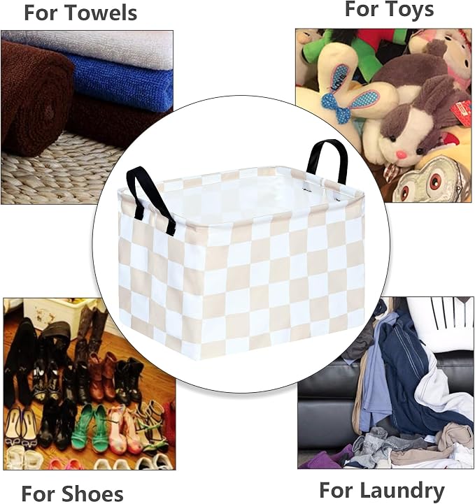 MAIZMZ Beige Check Storage Basket Baby Toys Organizer Bins Decorative Gifts Bakset Waterproof Nursery Hamper Women Storage Cube Kids Laundry Basket for Home/Dorm/Kitchen/Pet/Office/Closet/Shelf/