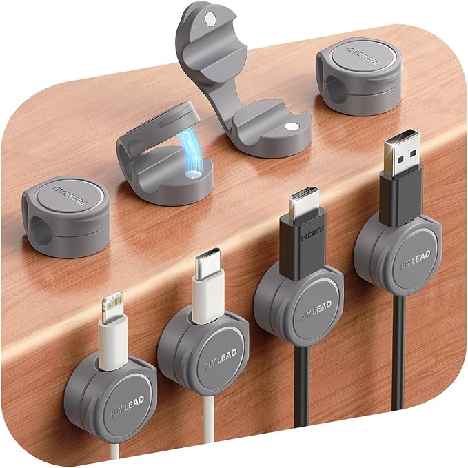 FLYLEAD 8-Pack Silicone Cord Organizer Magnetic Cable Clips, Adhesive | Resilient Yet Soft Rubber Cord Management Holder for Home Office Desk Accessories, Nightstand Phone Charger Wire Organization