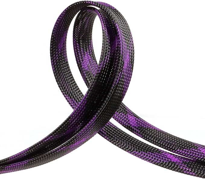 Braided Cable Sleeve, 33ft Expandable Wire Loom for Automotive Wiring Harness & PC Case, Pet-Proof Chew Resistant Cord Protector, Flexible Cable Management (Black-Purple, 4mm (5/32"))