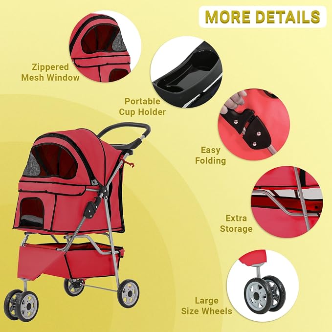 Stroller for Pet Stroller Dog Cat Jogger Stroller for Medium Small Dogs Cats Folding Lightweight Travel Stroller with Cup Holder，Red