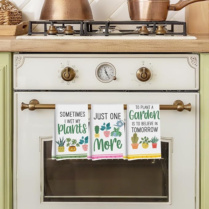 3 Pcs Funny Kitchen Plants Dish Towel 24x14 Inch, Plant Cactus Waffle Weave Hand Dish Towels Tea Towel for Kitchen Home Bathroom Farmhouse Decor, Plants Gifts for Women Mom Friend