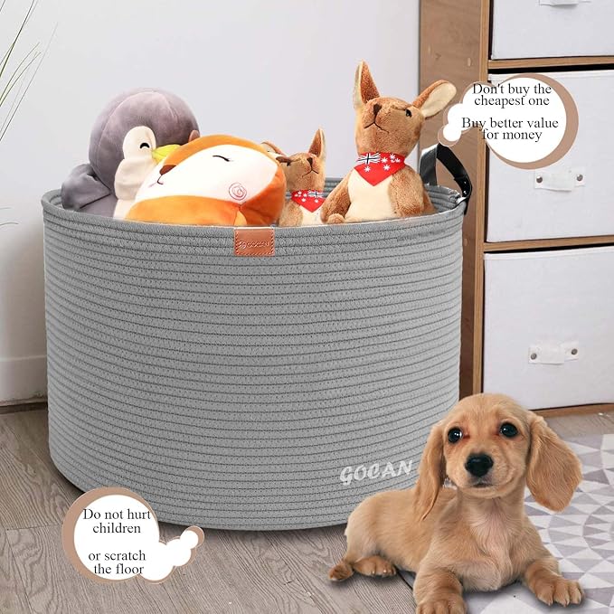 Cotton Rope Woven Laundry Basket 22"X 22"X 14" with handles(Gery) XXXL | Hand-woven, ideal for storing blankets and cushions in the living room, and clothes for household storage.