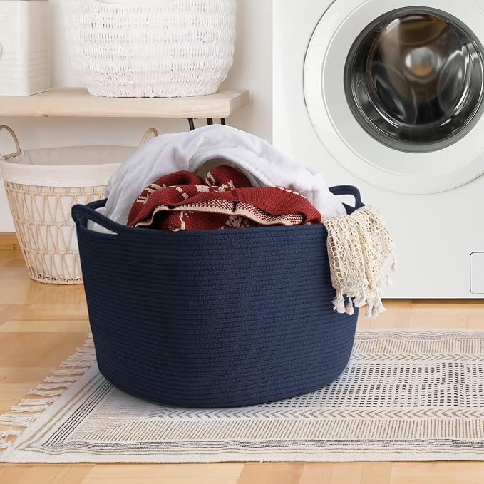 Maliton Woven Rope Blanket Basket Living Room, Storage Basket for Toy, 90L | 22"x14" cotton rope basket. Holds blankets, toys & towels & laundry. For bedroom, nursery, bath & playroom. Soft & durable.
