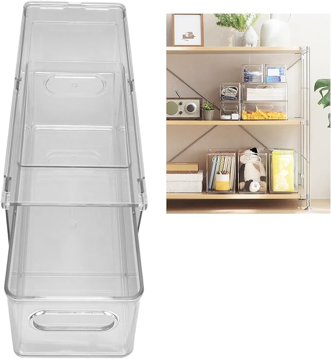 Drawer Storage Box, PET Clear Plastic Stackable Bin with Lid, 3 Compartments for Bathroom Vanity and Under Sink, Pantry Cabinet Makeup Office Organizer (3 liters)