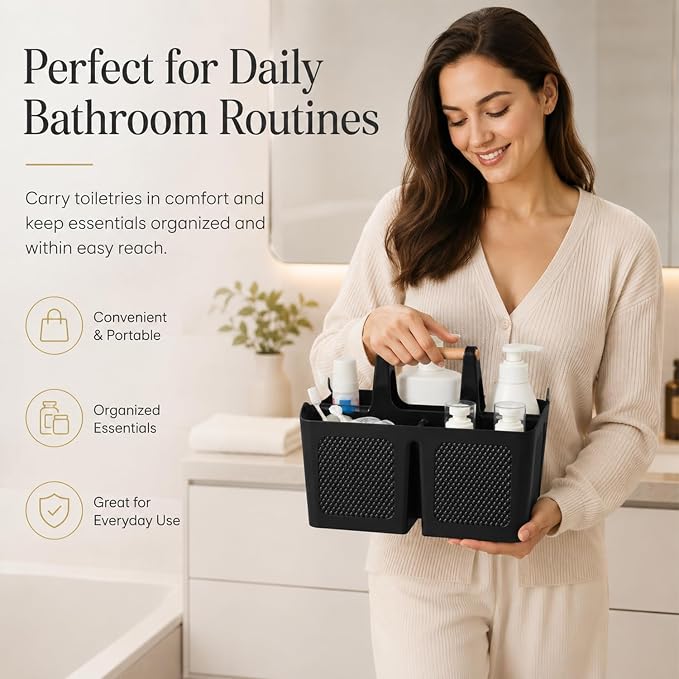 Haundry Plastic Shower Caddy with Wooden Handle, Portable 3-Compartment Bathroom Organizer Basket with Drainage Holes, Quick Dry Shower Basket for Dorm, College, Cleaning Supplies