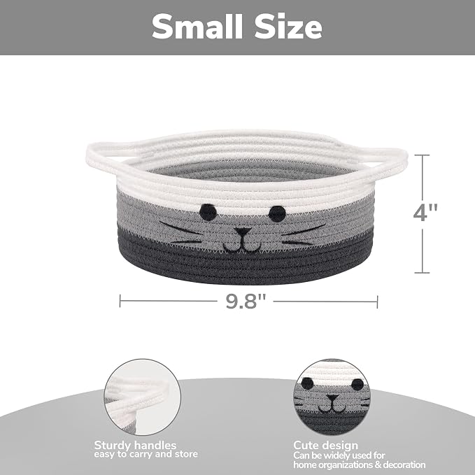 Cute Cat Basket, Small Woven Basket for Cat Toy Storage, 9.8"x4" | Cat Toy Bin With Handles, Decorative Basket for Cats Dogs, Storage Basket for Toys Nursery, Mixed & Grey